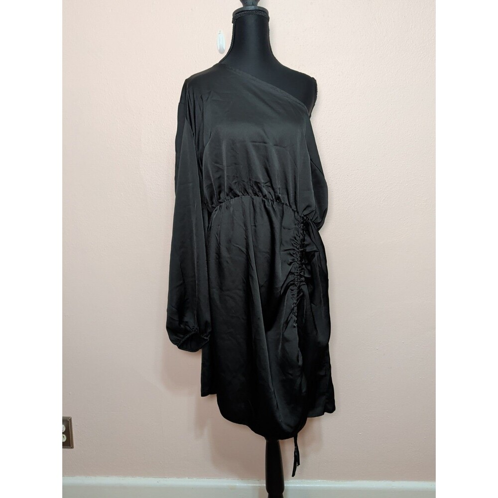 Plus Size Satin One Shoulder Mini Dress Womens Size 18 Black Ruched Sexy - Picture 3 of 13